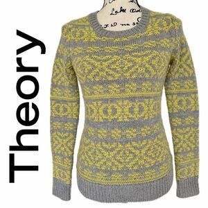 Theory Sweater Tommy P Fair Island 100%Wool Chunky Gray/Yellow Cozy HeritageCore